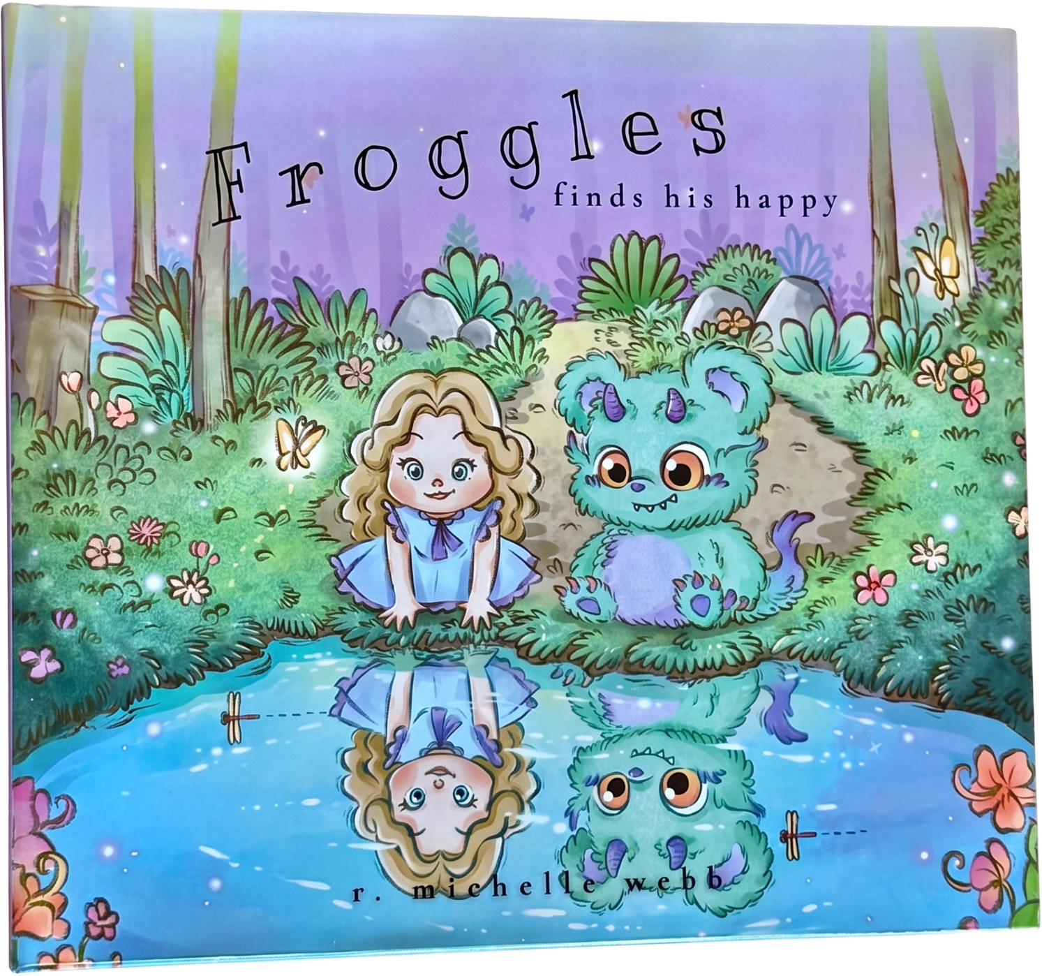 Froggles Finds His Happy book cover showing a green monster and a little girl by an enchanted pond